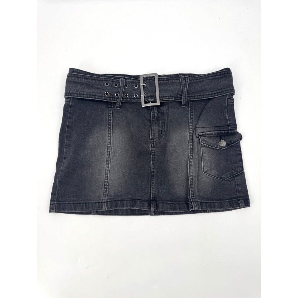 Y2K Fairy Grunge Goth Girl Wild Fable Black Denim Mini Skirt 10 L Stretch Belted